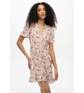 Superdry para mujer. W8011877A Vestido mini cruzado estampado SS beige (M), Casual, Viscosa, Manga corta