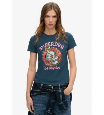 Superdry para mujer. W1011332A Camiseta Tattoo Rhinestone marino (M), Casual, Algodón, Manga corta