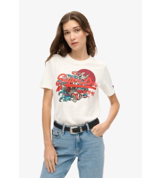 Superdry para mujer. W1011506A Camiseta gráfica de corte relajado con logotipo Tokyo Vintage blanco (XL), Casual, Algodón, Manga corta