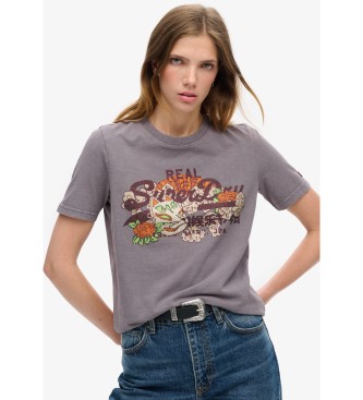 Superdry para mujer. W1011506A Camiseta gráfica de corte relajado con logotipo Tokyo Vintage gris (M), Casual, Algodón, Manga corta