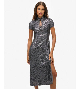Superdry para mujer. W8012037A Vestido Mandarin Sequin midi gris (L), Fiesta, Poliéster, Manga corta