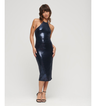 Superdry Vestido midi con escote halter de lentejuelas marino