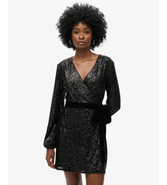 Superdry Vestido Sequin Velvet Wrap negro