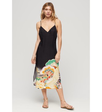 Superdry para mujer. W8011678A Vestido de tirantes lencero midi estampado negro (M), Casual, Viscosa, Sin mangas / Tirantes