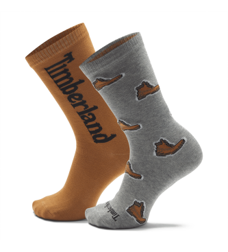 Timberland para hombre. TB0A6BTB0521 Set 2 Pares de Calcetines Print gris, marrón (L), Homewear, Algodón