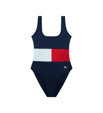 Tommy Hilfiger för kvinnor. UW0UW06571 Baddräkt i marinblå färgblock med urringning i ryggen (S), Strandkläder, Nylon, Marino