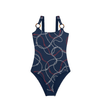 Tommy Hilfiger för kvinnor. UW0UW06481 Marinblå baddräkt med lågt skuren rygg och ringar (S), Strandkläder, Nylon, Marino