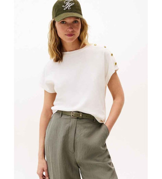 Tommy Hilfiger para mujer. WW0WW47455 Camiseta con botones dorados en el hombro blanco roto (XS), Casual, Algodón, Manga corta