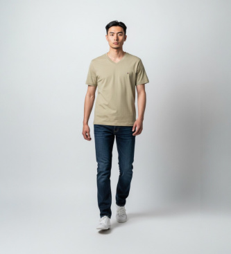 Tommy Hilfiger para hombre. MW0MW39249 Camiseta con cuello de pico y logo bordado kaki (XXL), Casual, Verde, Algodón, Manga corta