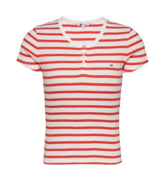 Tommy Jeans para mujer. DW0DW19502 Camiseta de manga corta slim button rojo (M), Casual, Algodón Orgánico, Sostenible