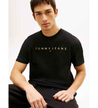 Tommy Jeans para hombre. DM0DM20744 Camiseta de punto con logo lineal bordado negro (XL), Casual, Algodón, Manga corta