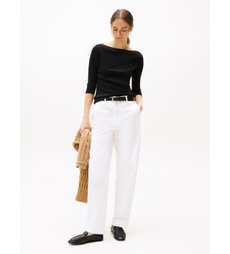 Tommy Hilfiger para mujer. WW0WW40589 Camiseta de cuello barco y corte slim negro (L), Casual, Algodón, Manga 3/4