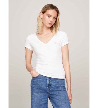 Tommy Jeans para mujer. DW0DW17385 Camiseta Essential con cuello de pico blanco (XS), Casual, Manga corta, Algodón Orgánico, Sostenible