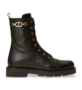 Twinset para mulher. 252TCP150 Botins em pele preta com corrente e Oval T preto (36), Couro, Plano, Zíper, Casual
