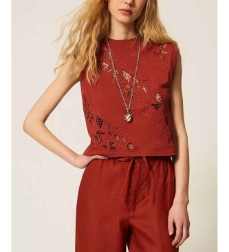Twinset para mujer. 261TT2050 Camiseta con bordado suizo rojizo (M), Rojo, Casual, Algodón