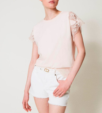 Twinset para mujer. 251TP2290 Camiseta estándar con encaje beige (L), Casual, Algodón, Manga corta