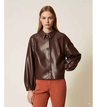 Twinset para mulher. 252TP2090 Casaco com efeito de couro e gola de camisa castanha (40), Marrom, Casual, Poliéster