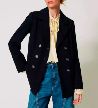 Twinset para mujer. 251TP2040 Chaqueta gabán con botonadura doble y bordados marino (42), Casual, Poliéster