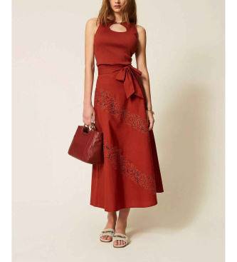 Twinset para mujer. 261TT2030 Falda larga de popelina y bordado inglés marrón (44), Casual, Algodón