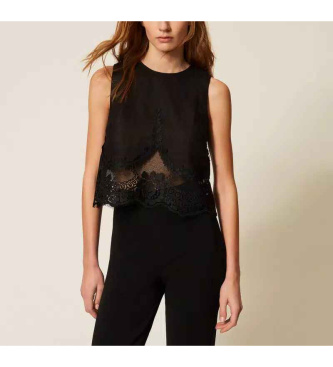 Twinset para mujer. 261TT2182 Top de lino con encaje negro (40), Casual, Sin mangas / Tirantes