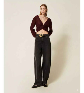 Twinset para mulher. 252TP2571 Calças de ganga pretas com cinto e fivela maxi-buckle preto (26), Casual, Algodão, Denim