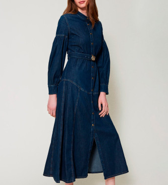Twinsetvoor vrouwen. 251TP2020 Lange spijkerjurk met marine riem (40), Casual, Katoen, Lange mouwen, Marineblauw