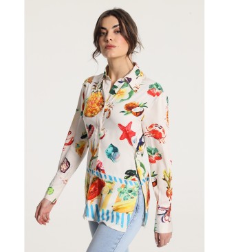 Victorio & Lucchino, V&L para mujer. 330098049 Blusa estampada con aberturas laterales blanco (XS), Casual, Poliéster, Manga larga