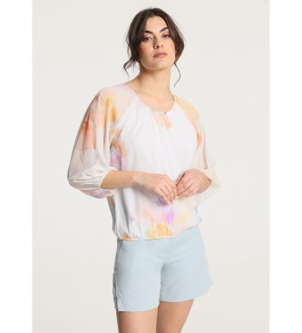 Victorio & Lucchino, V&L para mujer. 330038012 Blusa fruncida manga abullonada pétalos rosa (XL), Blanco, Casual, Poliéster, Manga 3/4