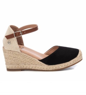 Xti para mulher. Sandálias três materiais preto -Cunha de 7cm de alt